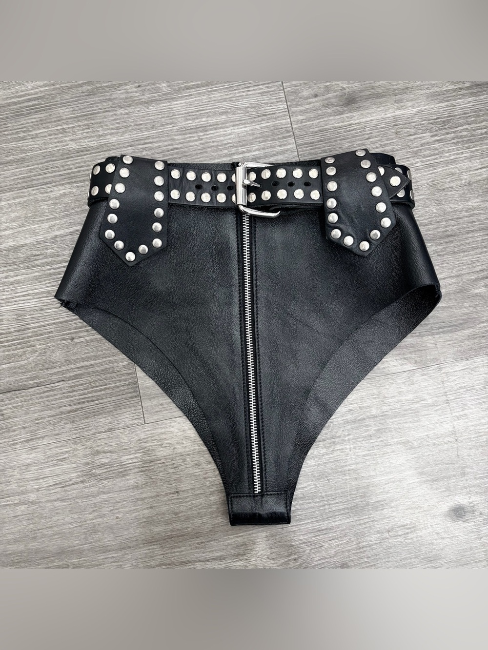 R&M Leathers High Waist Cheeky Leather  Studded Shorts with Belt
